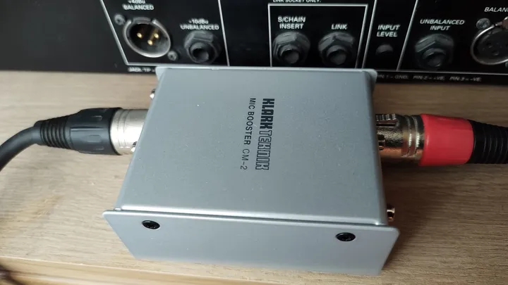 Klark Teknik CM-2 mic booster wired into my rack with XLR in and out